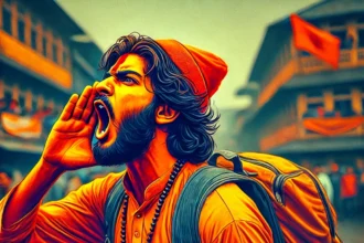 A saffron clad individual with a backpack shouting passionately. The person is standing outdoors wearing traditional saffron attire with intense