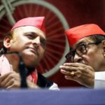 Samajwadi Party (SP) president Akhilesh Yadav with party secretary general Ram Gopal Yadav during the press conference over the ‘Ayodhya land scam’, at the party office, in Lucknow on Thursday.