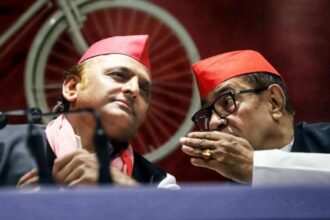 Samajwadi Party (SP) president Akhilesh Yadav with party secretary general Ram Gopal Yadav during the press conference over the ‘Ayodhya land scam’, at the party office, in Lucknow on Thursday.