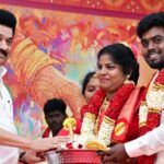 Tamil Nadu CM MK Stalin blesses a couple as he presides over mass marriages of 31 couples, at Marundeeswarar Temple in Chennai on Monday.