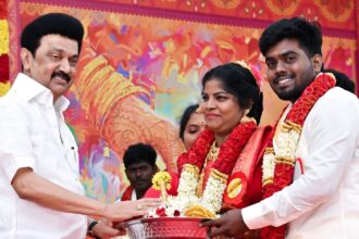 Tamil Nadu CM MK Stalin blesses a couple as he presides over mass marriages of 31 couples, at Marundeeswarar Temple in Chennai on Monday.