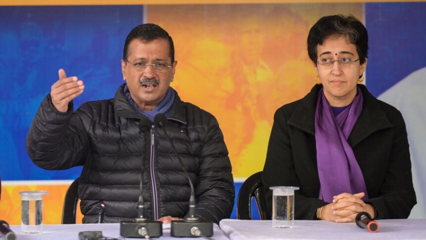 New Delhi, India - Dec. 30, 2024: Aam Aadmi Party (AAP) National Convener Arvind Kejriwal addresses a press conference in the presence of Delhi Chief Minister Atishi, at the AAP party office   in New Delhi, India, on Monday, December 30, 2024.  (Photo by RAJ K RAJ / Hindustan Times)