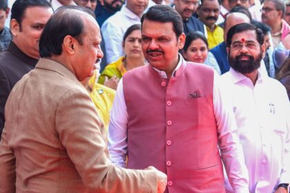 Nagpur: Maharashtra Chief Minister Devendra Fadnavis with Deputy Chief Ministers Ajit Pawar and Eknath Shinde in Nagpur.