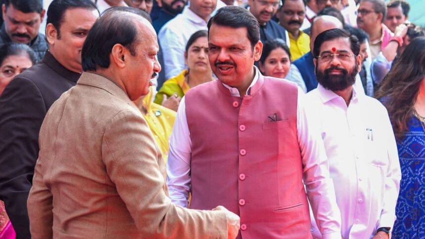 Nagpur: Maharashtra Chief Minister Devendra Fadnavis with Deputy Chief Ministers Ajit Pawar and Eknath Shinde in Nagpur.