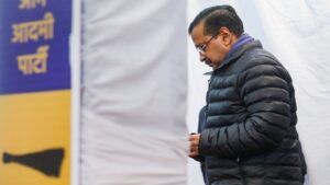 Former Delhi CM and AAP national convener Arvind Kejriwal arrives to attend a press conference at the party office in New Delhi on Tuesday. (PTI Photo)