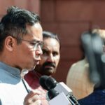 Congress MP Gaurav Gogoi speaks to the media at Parliament House during the Budget session, in New Delhi.