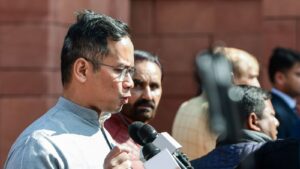 Congress MP Gaurav Gogoi speaks to the media at Parliament House during the Budget session, in New Delhi.