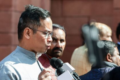 Congress MP Gaurav Gogoi speaks to the media at Parliament House during the Budget session, in New Delhi.