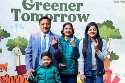 CEC Rajiv Kumar retires today: Chief Election Commissioner Rajiv Kumar with his family after casting his vote at a polling booth during the Delhi Assembly elections, in New Delhi on February 5, 2025.