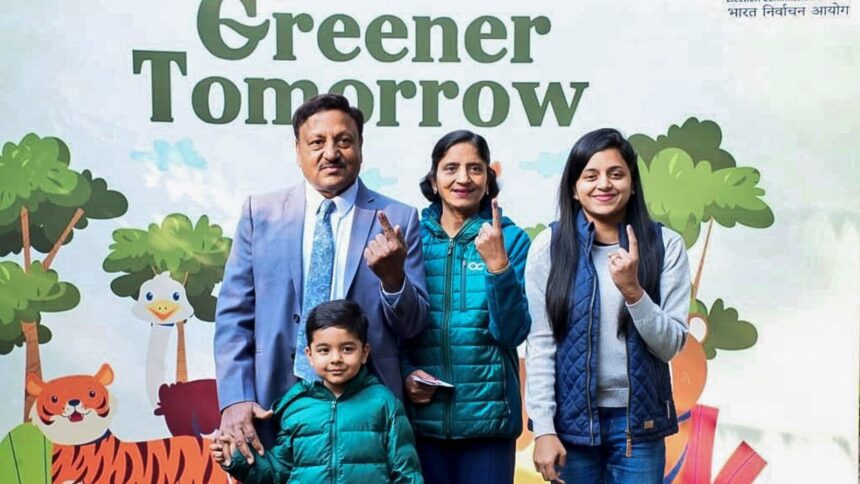 CEC Rajiv Kumar retires today: Chief Election Commissioner Rajiv Kumar with his family after casting his vote at a polling booth during the Delhi Assembly elections, in New Delhi on February 5, 2025.