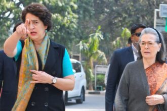 New Delhi, Feb 05 (ANI): Congress Parliamentary Party Chairperson Sonia Gandhi arrives to cast her vote for the Delhi Assembly elections, at Nirman Bhawan in New Delhi on Wednesday. Party General Secretary Priyanka Gandhi Vadra also seen. (ANI Photo/Rahul Singh)