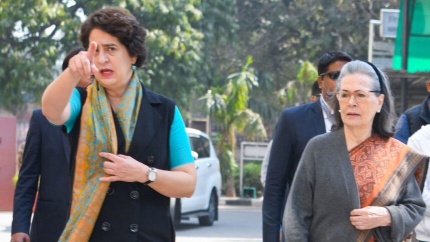 New Delhi, Feb 05 (ANI): Congress Parliamentary Party Chairperson Sonia Gandhi arrives to cast her vote for the Delhi Assembly elections, at Nirman Bhawan in New Delhi on Wednesday. Party General Secretary Priyanka Gandhi Vadra also seen. (ANI Photo/Rahul Singh)