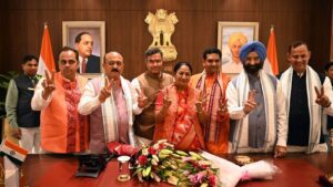 New Delhi, India - Feb. 20, 2025: Delhi CM Rekha Gupta along with her cabinet colleague during take charge at CM Office, in New Delhi, India, on Thursday