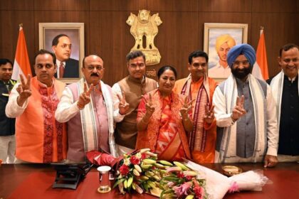 New Delhi, India - Feb. 20, 2025: Delhi CM Rekha Gupta along with her cabinet colleague during take charge at CM Office, in New Delhi, India, on Thursday