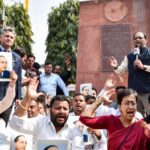 Atishi with AAP MLAs stages a protest outside the Legislative Assembly over removing BR Ambedkar's pictures from Delhi CM's office following her suspension from the Assembly, in New Delhi on Tuesday.