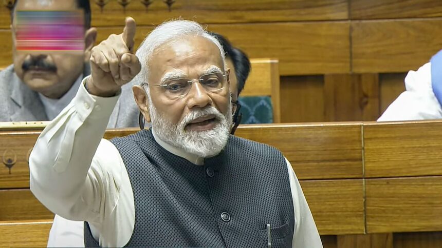 Prime Minister Narendra Modi replies to the Motion of Thanks to President's address in the Lok Sabha at the Budget session of Parliament, in New Delhi, Tuesday, Feb. 4, 2025.