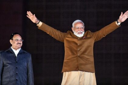 Delhi election result 2025: Prime Minister Narendra Modi greets the supporters as he arrives at Bharatiya Janata Party (BJP) headquarters on the party's win in the Delhi Assembly elections, in New Delhi on Saturday. Union Minister and Bharatiya Janata Party (BJP) National President JP Nadda also present.