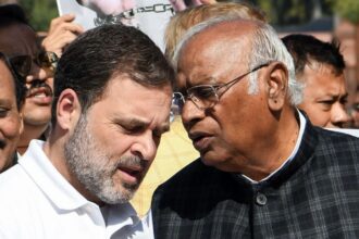 Lok Sabha LoP and Congress MP Rahul Gandhi and party National President Mallikarjun Kharge in conversation during a protest by the opposition parties outside Parliament over the issue of deportation of allegedly illegal Indian immigrants from the US, in New Delhi on Thursday.