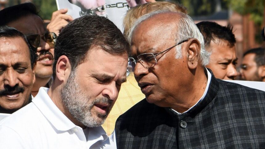 Lok Sabha LoP and Congress MP Rahul Gandhi and party National President Mallikarjun Kharge in conversation during a protest by the opposition parties outside Parliament over the issue of deportation of allegedly illegal Indian immigrants from the US, in New Delhi on Thursday.