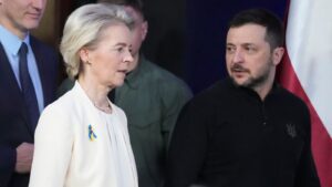 Canadian Prime Minister Justin Trudeau arrives for a news conference with European Commission President Ursula von der Leyen and Ukrainian President Volodymyr Zelenskyy at a security summit in Kyiv, Ukraine,