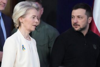 Canadian Prime Minister Justin Trudeau arrives for a news conference with European Commission President Ursula von der Leyen and Ukrainian President Volodymyr Zelenskyy at a security summit in Kyiv, Ukraine,