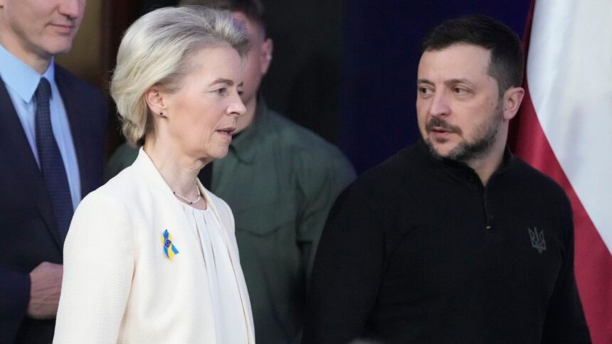 Canadian Prime Minister Justin Trudeau arrives for a news conference with European Commission President Ursula von der Leyen and Ukrainian President Volodymyr Zelenskyy at a security summit in Kyiv, Ukraine,