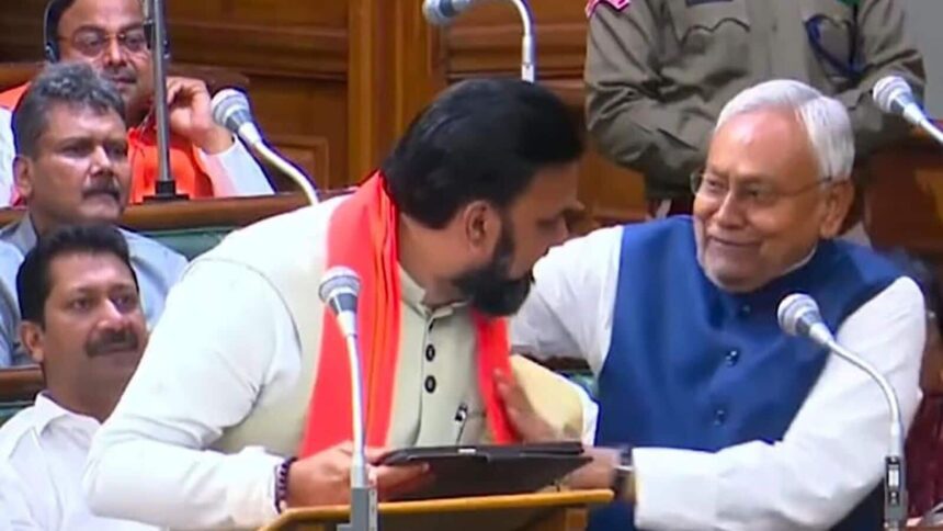 Bihar Chief Minister Nitish Kumar congratulates Deputy Chief Minister Samrat Choudhary for presenting the State Budget 2025-26 at the Bihar Assembly in Patna, Bihar, on March 3. (Photo by Santosh Kumar/ Hindustan Times)