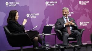 External Affairs Minister S. Jaishankar during a conversation with Director and CEO of Bronwen Maddox at Chatham House, in England.