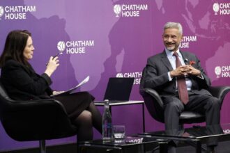 External Affairs Minister S. Jaishankar during a conversation with Director and CEO of Bronwen Maddox at Chatham House, in England.