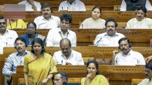 DMK vs Centre as language row shakes Parliament: DMK MP Kanimozhi Karunanidhi speaks in the Lok Sabha during the second part of the Budget session of Parliament, in New Delhi, Monday, March 10, 2025.