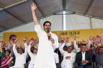 Patna, Bihar, India -Feb .27, 2025: Jan Suraj Party founder Prashant Kishore addressing during Holi Milan Samaroh at LCT Ghat in Patna, Bihar, India, Thursday,27, 2025.(Photo by Santosh Kumar/ Hindustan Times)